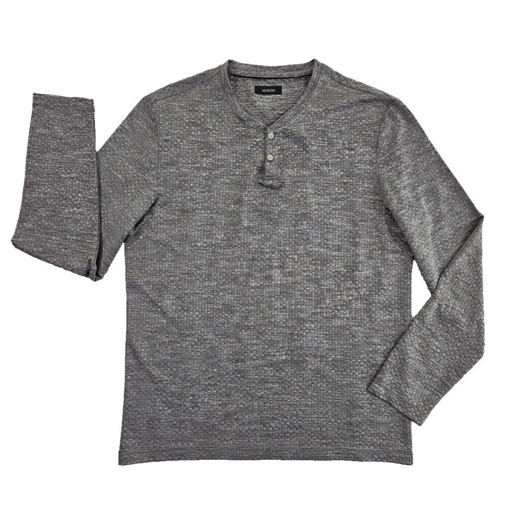Alfani Textured‎ Knit Long Sleeve 3-Button Henley Grey Shirt Men's M Medium EUC